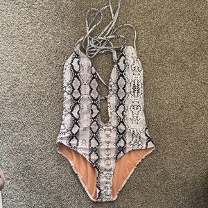 Snake Print One-Piece Swimsuit with Plunge Neck